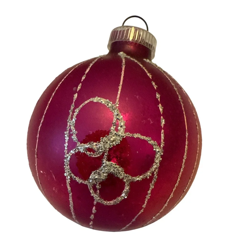 West Germany Glass‎ Christmas Ornament Magenta Glitter Design 2.5